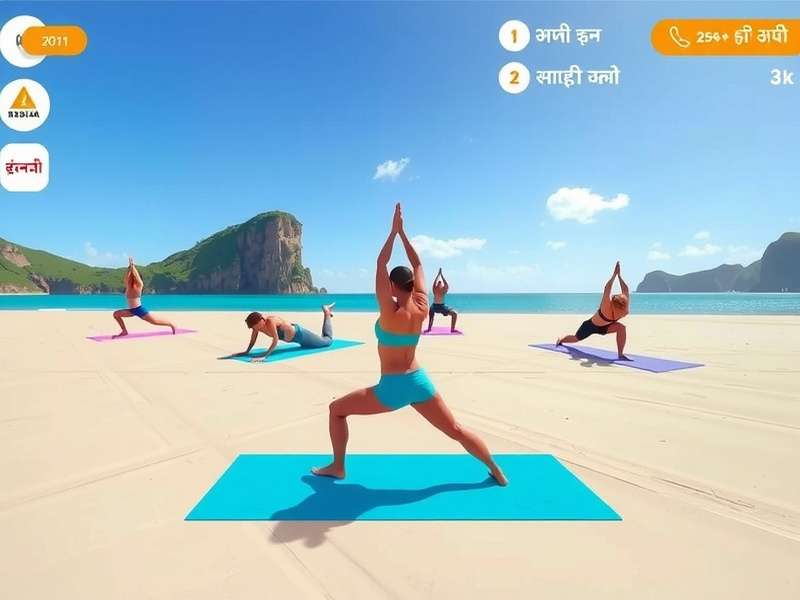 Goa Beach Yoga Retreat gameplay showing yoga poses on a virtual beach